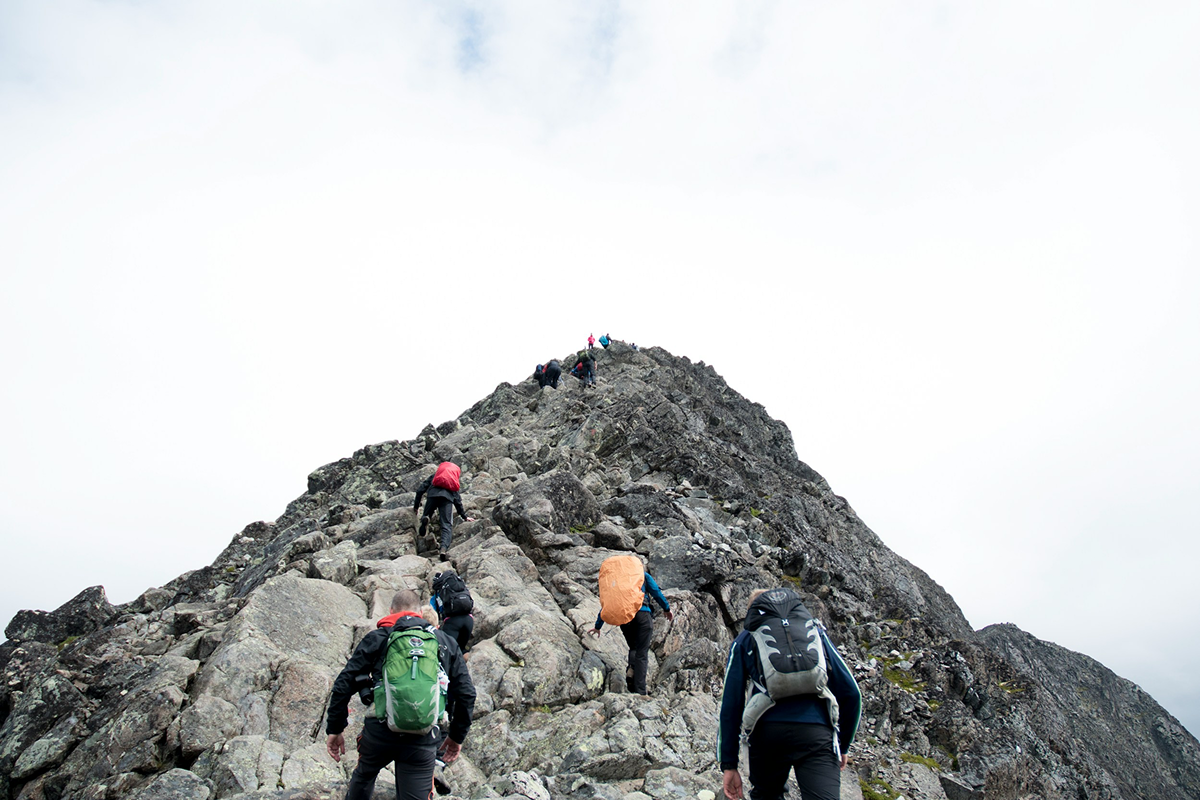 Two overlapping images show a group of hikers ascending a rocky mountain and another group standing at the summit under a bright blue sky with white clouds. The overlaid text reads: “Find the learning path that truly moves you forward.” – the scene symbolizes personal growth, determination, and reaching new heights.